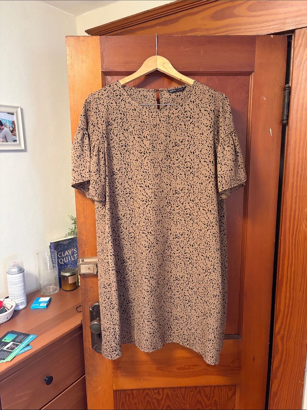 SHEIN Brown Speckle Short-Sleeve Tunic Dress